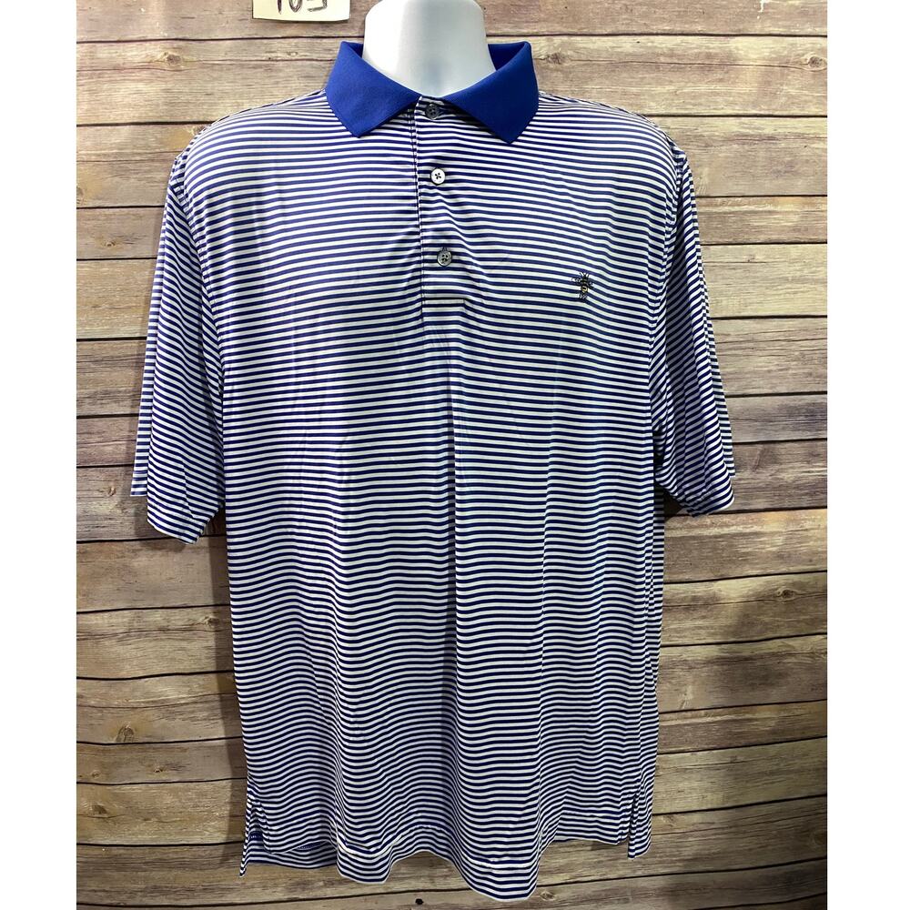 Footjoy Golf Shirt Mens Large Blue White Stripe Polo Golfing FJ Bee Club logo